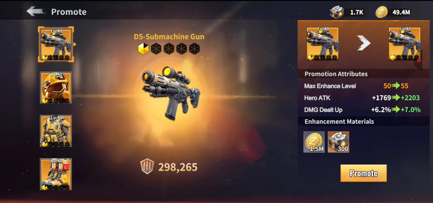 Real Last Z Promote screen showing equipment level, current and next stats, and Core cost